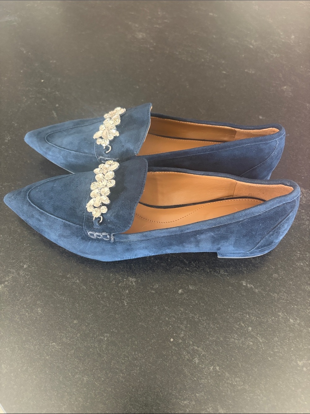 Talbots Navy Suede Pointed Toe Loafers with Crystal Embellishment - Picture 2 of 5
